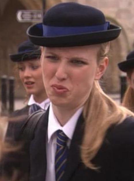 Collage of a young woman making a face in school uniform on the left and a grown woman posing for a selfie on the right.