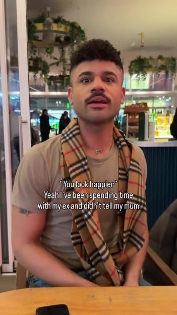 Keye, from MAFS, looks at the camera with a surprised expression while text about his ex and mum is superimposed on the image.