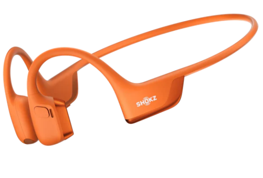 Orange Shokz bone conduction headphones.