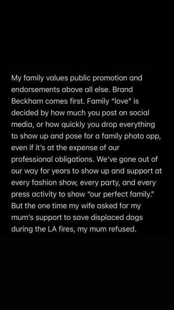 Text from Brooklyn Beckham's Instagram story about his family's priorities.