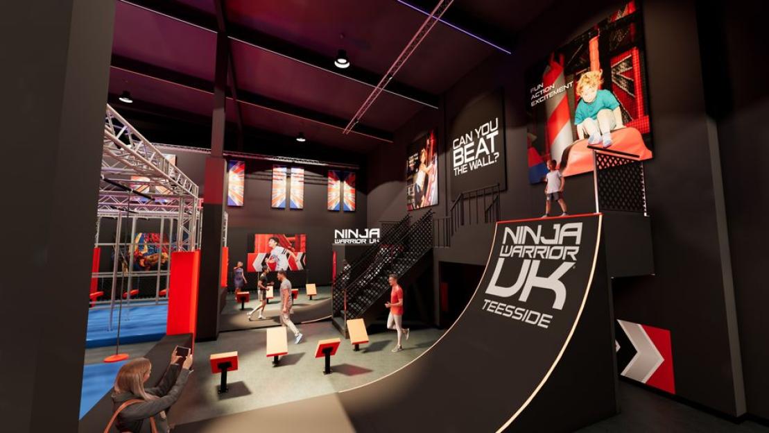 Illustration of the Ninja Warrior UK adventure park at Teesside Park, showing various obstacles and people enjoying the activities.