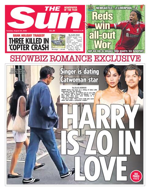 Front page of The Sun newspaper with headlines including "Harry is Zo in Love" with photos of Harry Styles and Zoë Kravitz.