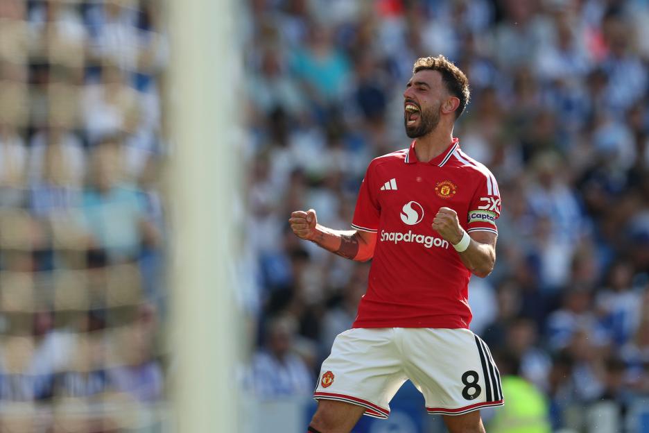 BRIGHTON, ENGLAND - MAY 24: Manchester United's Bruno Fernandes celebrates scoring the opening goal during the Premier League match between Brighton & Hove Albion and Manchester United at Amex Stad...