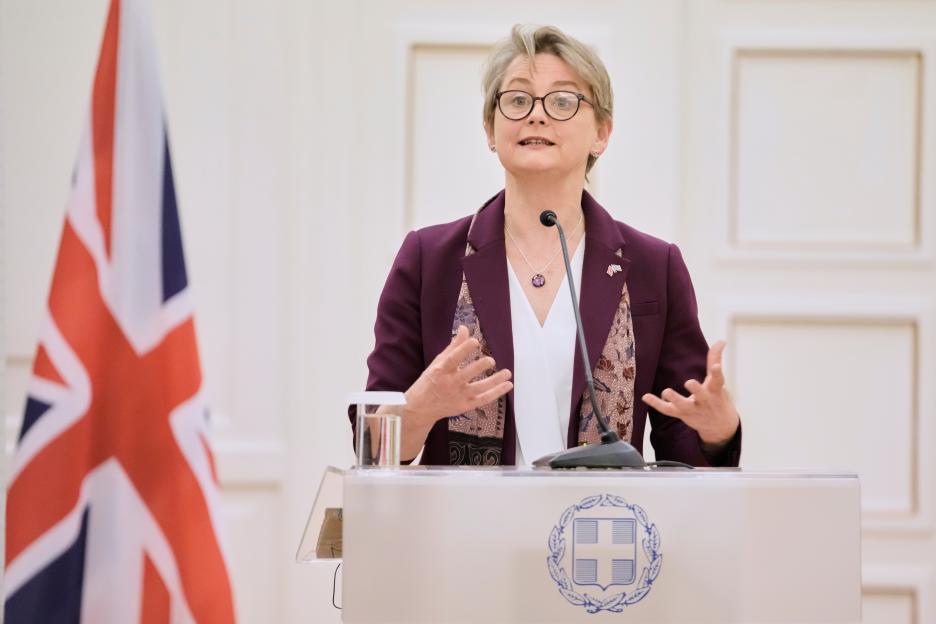Britain's Foreign Secretary Yvette Cooper speaking during a joint statement with Greek Foreign Minister George Gerapetritis.