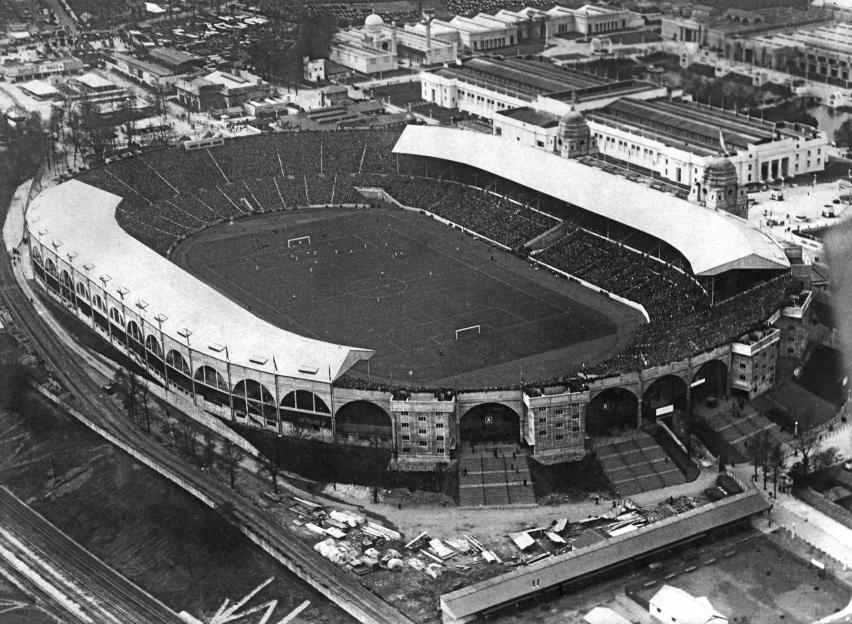 Aerial view of Wembley Stadium during a match between Sheffield United and Cardiff City.