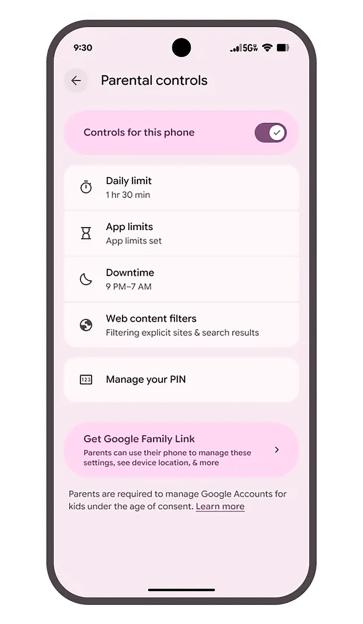 Illustration of a phone screen displaying parental control settings, including daily limits, app limits, downtime, web content filters, and PIN management.