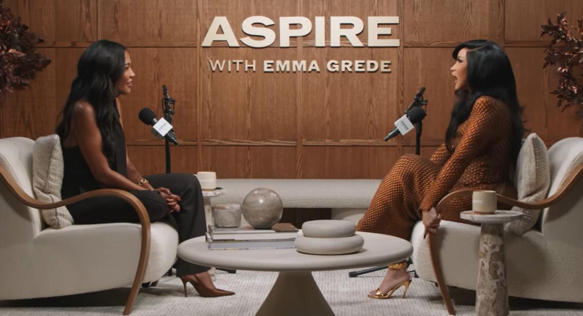 Emma Grede interviewing a woman for her podcast "Aspire".
