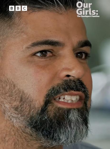 Man with a graying beard and dark hair with text "Our Girls: The Southport Families" and "Tuesday 9th December, 8pm BBC ONE & iPLAYER"