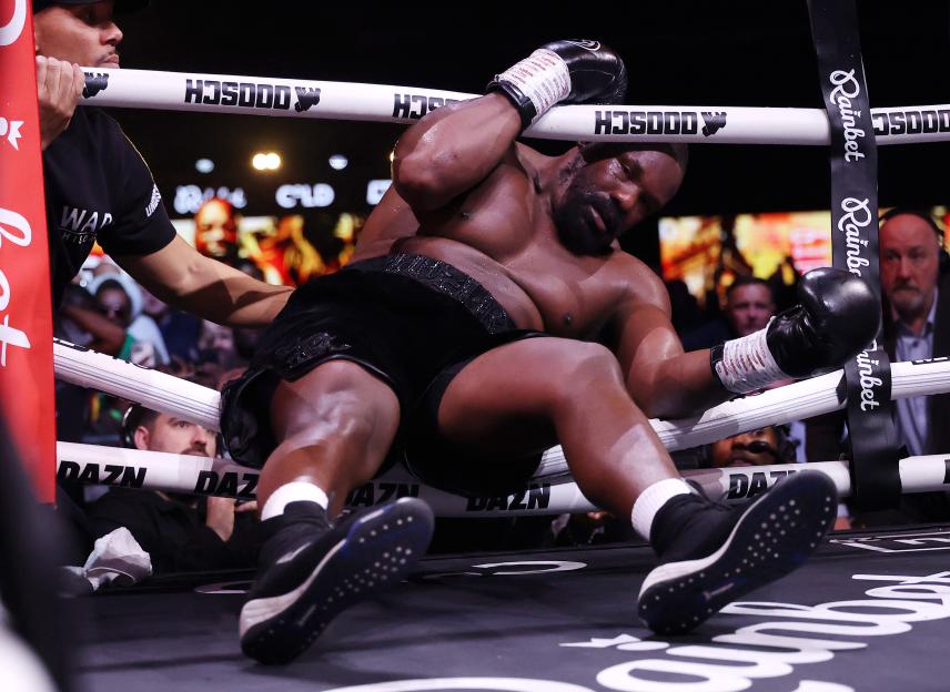 Dereck Chisora is knocked down during a Heavyweight fight.