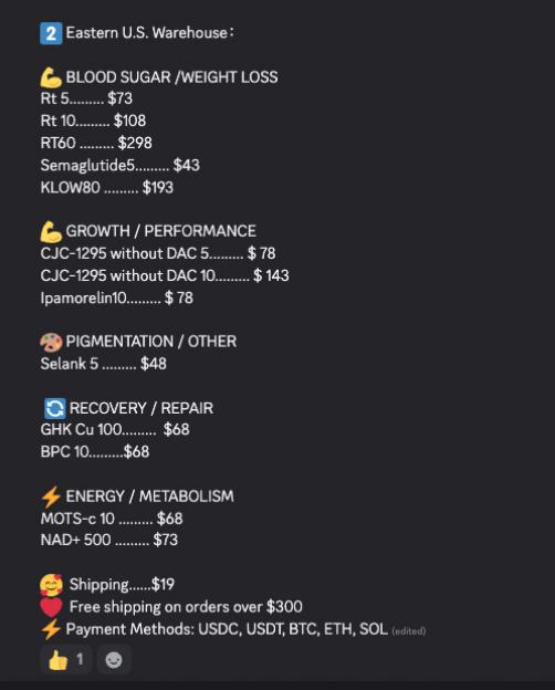 List of peptides and their prices, categorized by their intended use, shipping, and payment information from an Eastern U.S. warehouse.