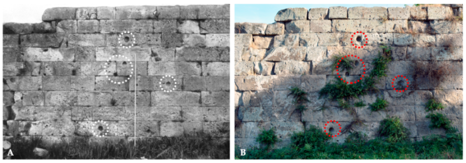 Collage of two images comparing the same ancient stone wall. Image A, a black and white photo, shows bullet holes outlined in white dotted circles. Image B, a color photo, shows the same wall with vegetation and the bullet holes outlined in red dotted circles.