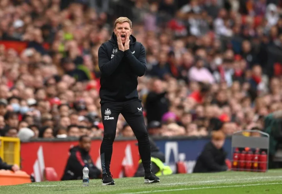Newcastle United manager Eddie Howe reacts on the sidelines.