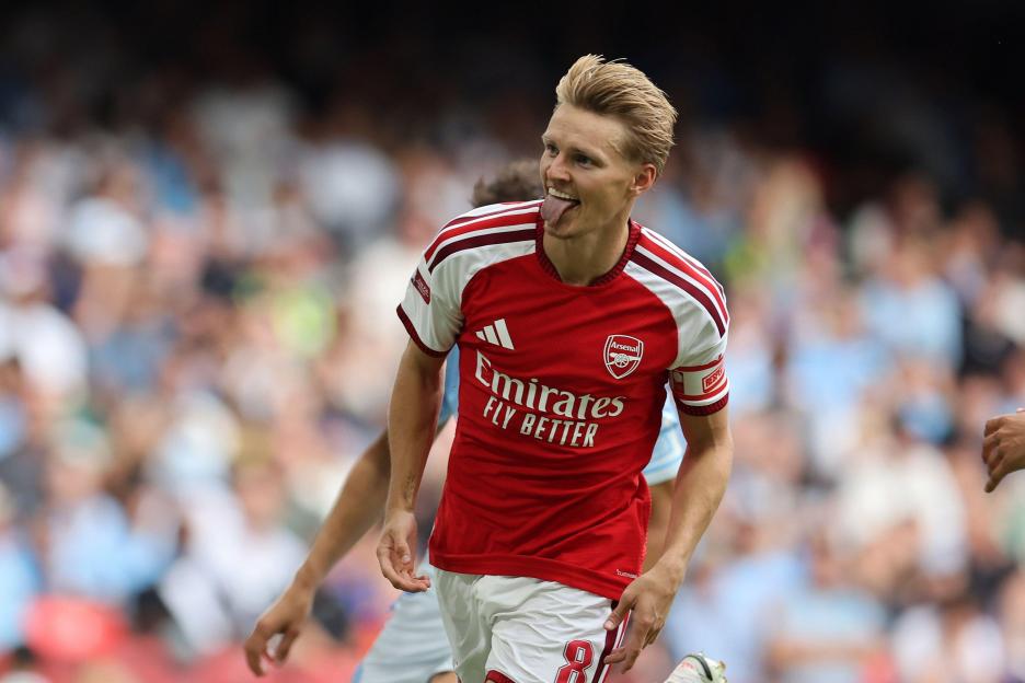 Cardiff, UK. 16th Aug, 2026. Martin Odegaard of Arsenal celebrates after he scores his teams 3rd goal. FA Community shield 2026, Arsenal v Manchester City at the Principality Stadium in Cardiff on Sunday 16th August 2026. pic by Andrew Orchard/Andrew