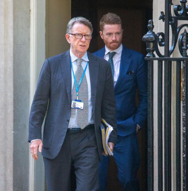 Peter Mandelson and Morgan McSweeney leaving 10 Downing Street.