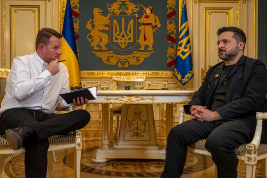 President Volodymyr Zelensky being interviewed by The Sun's Special Correspondent Paul Sims at his Kyiv headquarters.