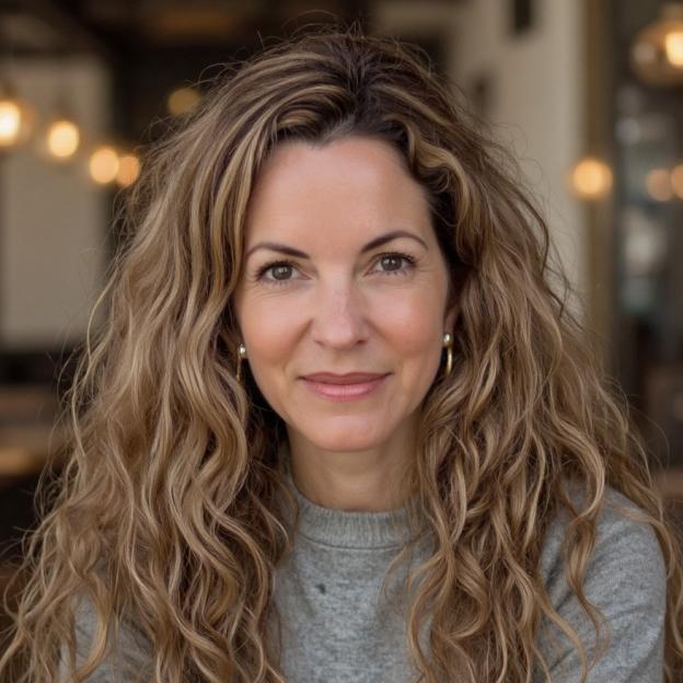 Headshot of Ingrid Honkala, a woman with long, curly brown hair, wearing a gray sweater.