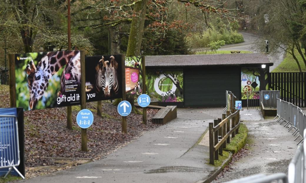 Entrance to Marwell Zoo with signs for giraffes and zebras, and social distancing markers on the ground.
