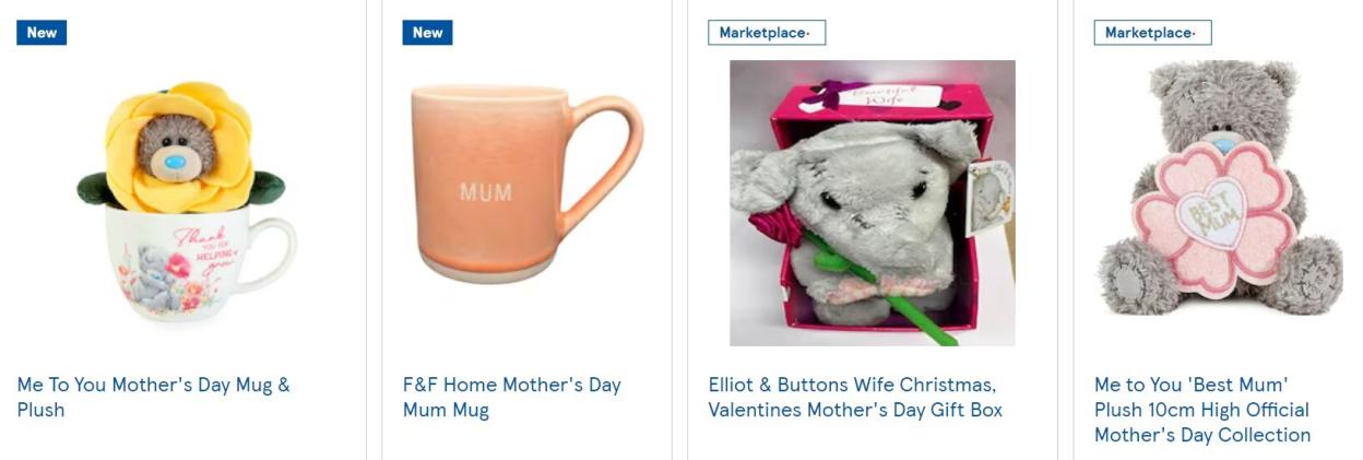 A collage of four Mother's Day gifts, including a mug with a plush teddy, a mug that says "MUM", a plush elephant, and a plush teddy holding a flower with "BEST MUM" written on it.