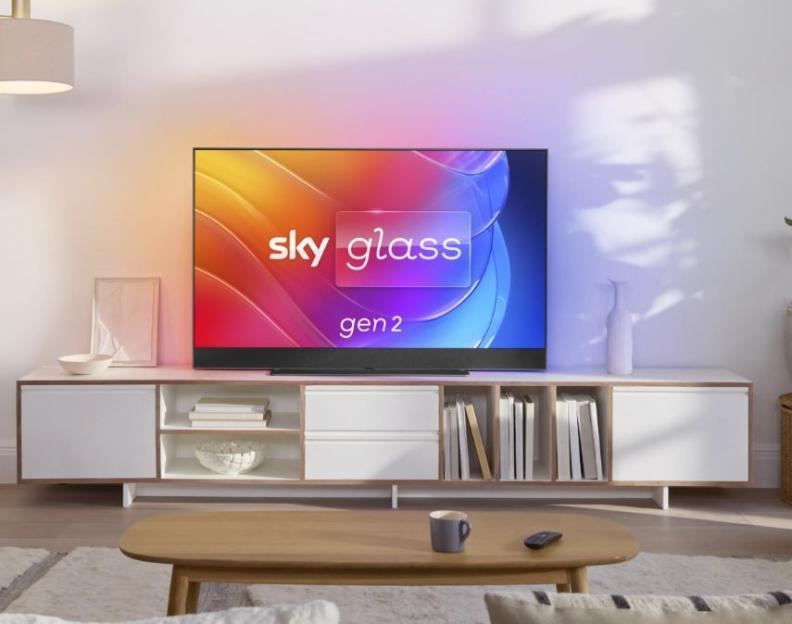Sky Glass Gen 2 television with a colorful screen in a living room.