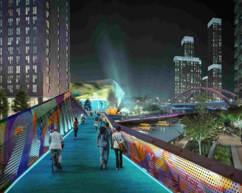 Illustration of a colorful illuminated pedestrian bridge at night with people walking and cycling, next to a river with boats, and modern buildings in the background.