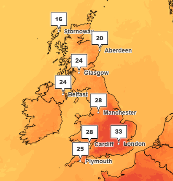 Illustration of a temperature map showing the UK and Ireland with temperatures ranging from 16 to 33 degrees Celsius.