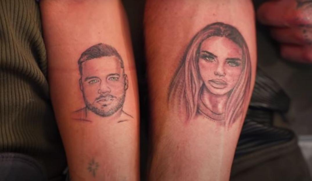 Tattoos of Katie Price and Carl Woods on arms.