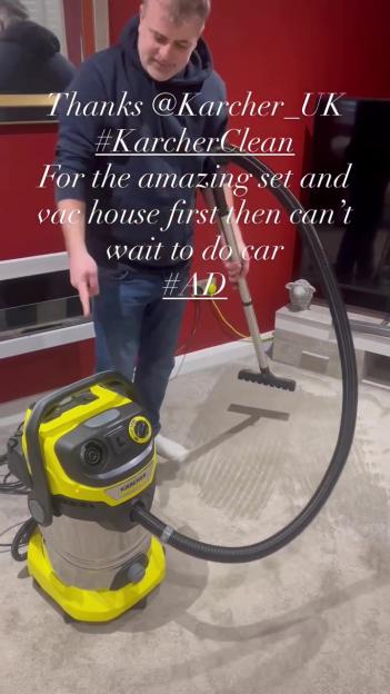 Actor Simon Gregson promoting Kärcher cleaning products, with a vacuum cleaner visible.