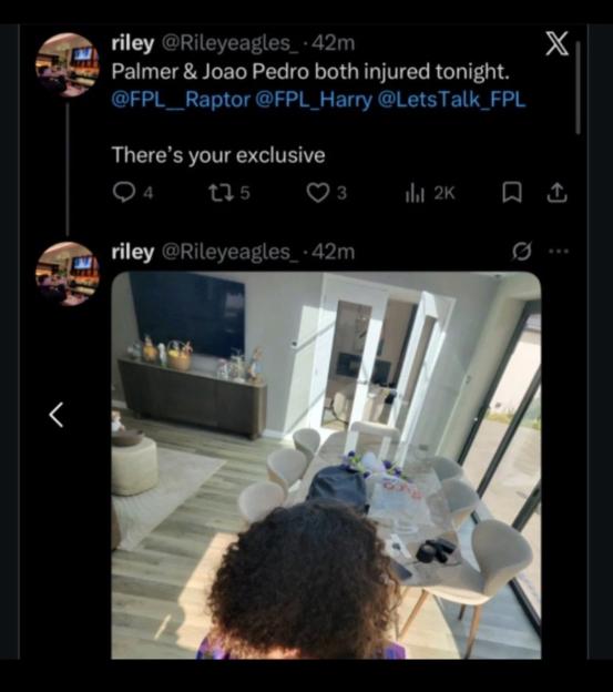 A Twitter post from "riley @Rileyeagles_" announcing "Palmer & Joao Pedro both injured tonight" with a photo of a modern living room and dining area, taken from behind a person with curly dark hair.