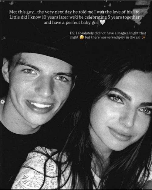 A black and white photo of a smiling man and woman with text about their relationship.