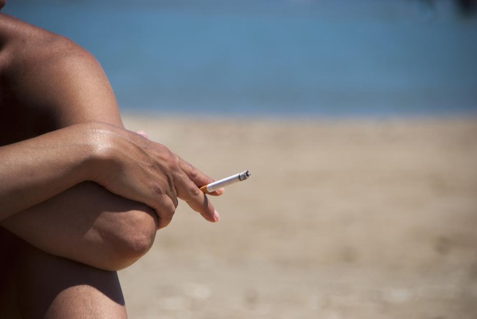 A person's arms and a lit cigarette with a beach and ocean in the background.
