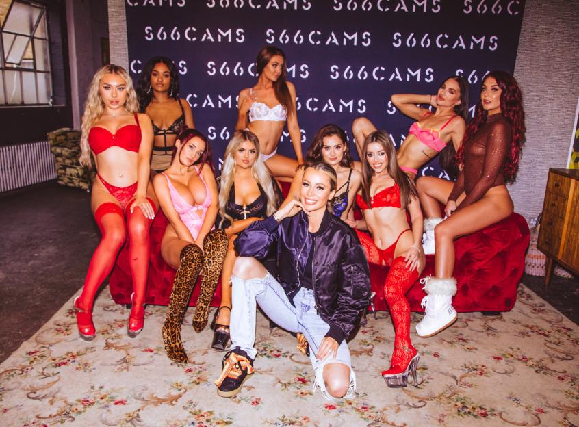 Olivia Attwood (center) with women from S66, a cam girl agency, in lingerie and casual wear for "Getting Filthy Rich."