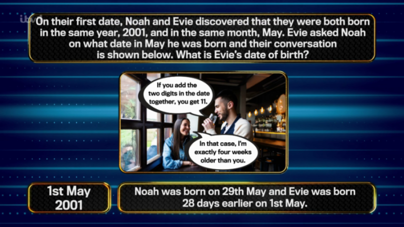 A quiz question about Noah and Evie's birthdates on a blue background with an image of the couple and text boxes of their conversation.