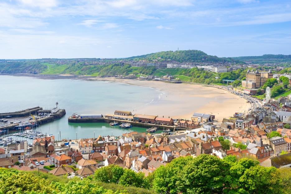 Panoramic view of Scarborough harbour and South Bay beach with buildings along the shore and green hills in the background.