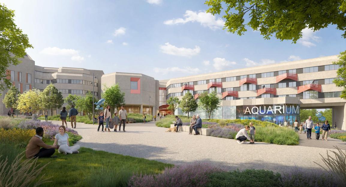 Illustration of the proposed Swansea Lido development with people enjoying an open space featuring an aquarium, green areas, and modern buildings.