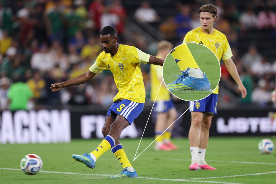 Soccer player in a yellow and blue uniform kicking a ball, with an inset close-up of his blue soccer cleat.