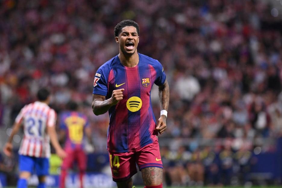 Marcus Rashford of FC Barcelona celebrates a goal.