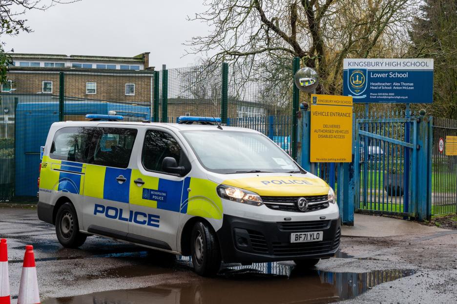 Police vehicle outside Kingsbury High School after a stabbing incident.
