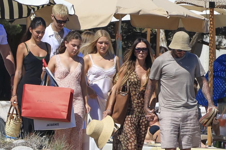 *PREMIUM-EXCLUSIVE* MUST CALL FOR PRICING BEFORE USAGE - Sir David Beckham and Victoria Beckham were spotted soaking up the sunshine during a glamorous family getaway in Ibiza over the Bank Holiday Weekend, joined by son Romeo Beckham, his girlfrien