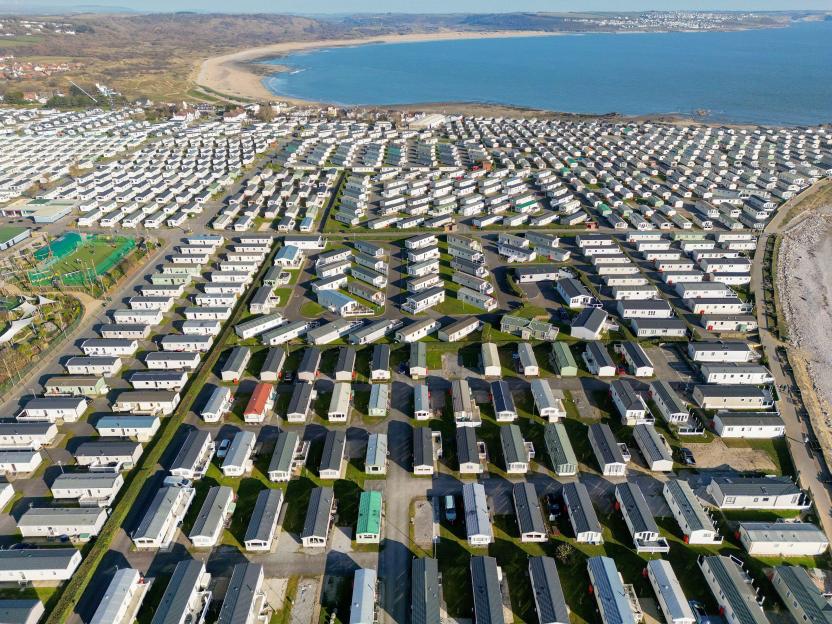 Aerial view of Trecco Bay holiday caravan park in South Wales.
