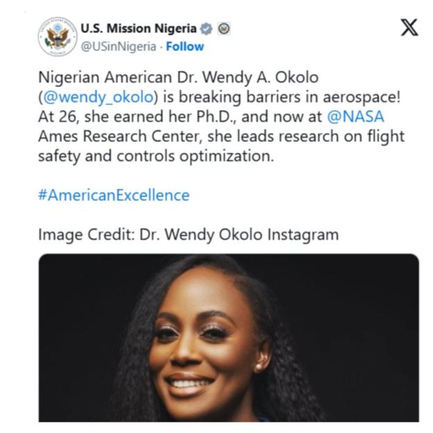 US Embassy Celebrates Nigerian Engineer Wendy Okolo for Pioneering NASA Flight Safety Research