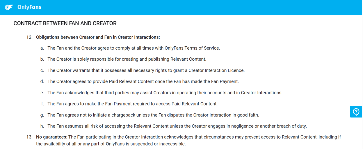 OnlyFans contract outlining obligations between a fan and creator regarding content, payments, and interactions.