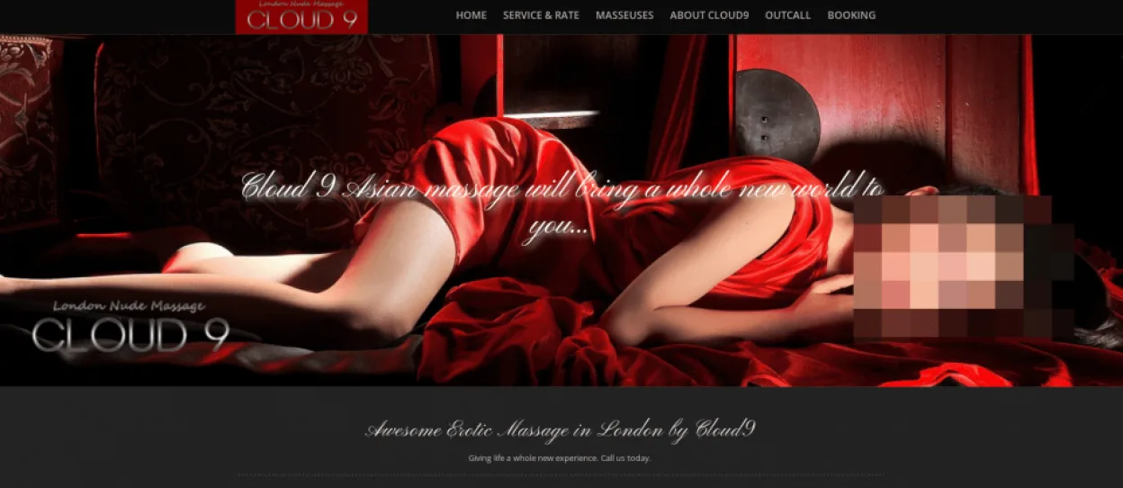 Screenshot of the Cloud 9 website featuring a woman in a red dress lying on a bed.