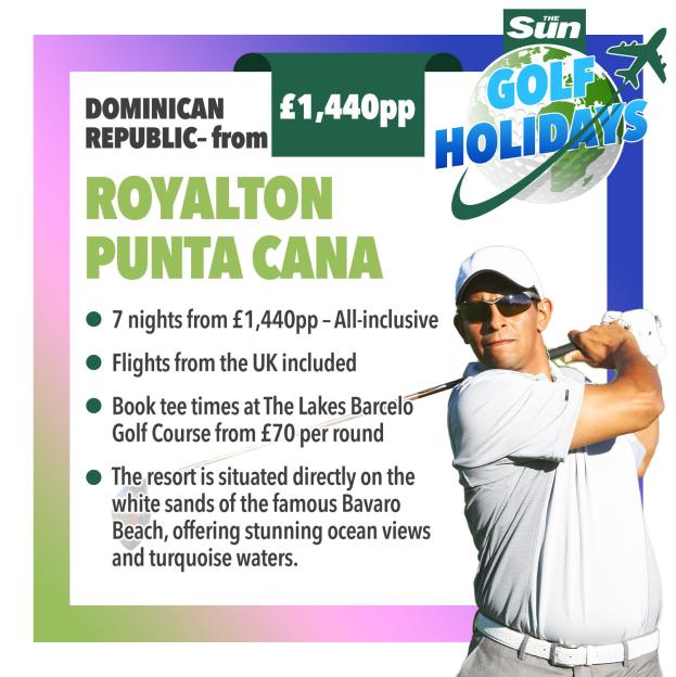 Advertisement for Royalton Punta Cana golf holidays from £1,440pp, featuring a golfer swinging a club.