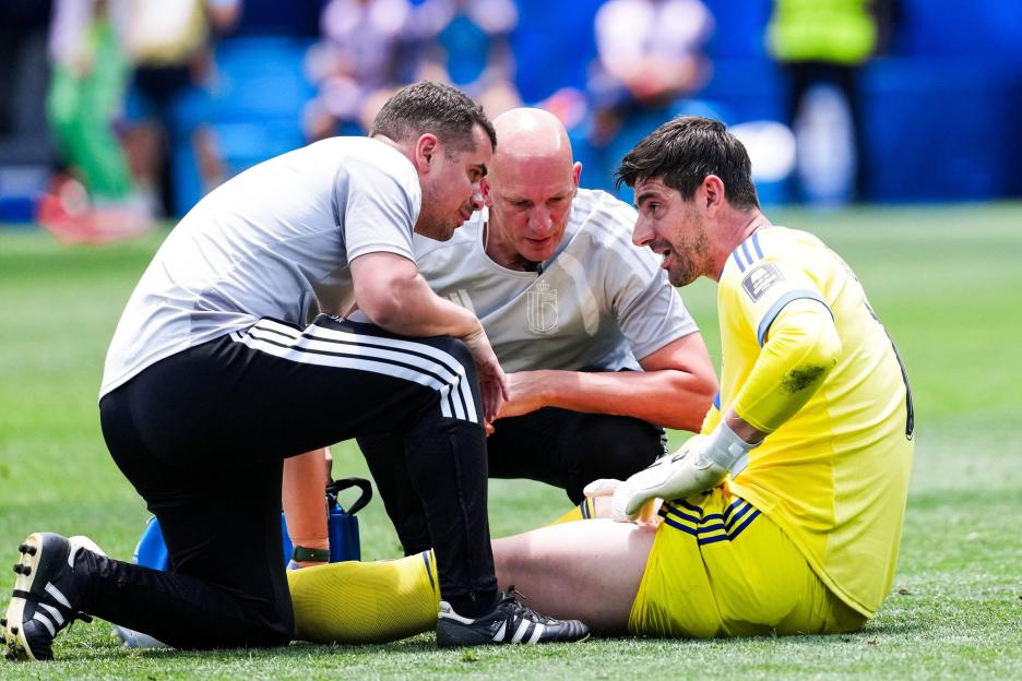 Inglewood, United States. 10th July, 2026. Thibaut Courtois of Belgium is attended to by medical staff during a FIFA Men's World Cup 2026 quarter-final football match between Spain and Belgium at Los Angeles Stadium, in Inglewood on July 10th 2026 (P