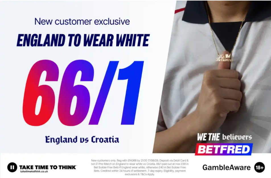'Betfred Offers 66/1 Odds on England Sporting White Against Croatia in World Cup 2026!'