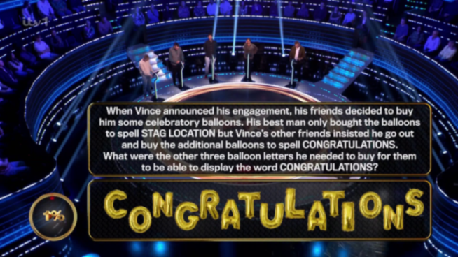 A quiz show question on a dark stage with a blue light design, asking to identify three letters needed to spell "CONGRATULATIONS" if "STAG LOCATION" is already spelled.
