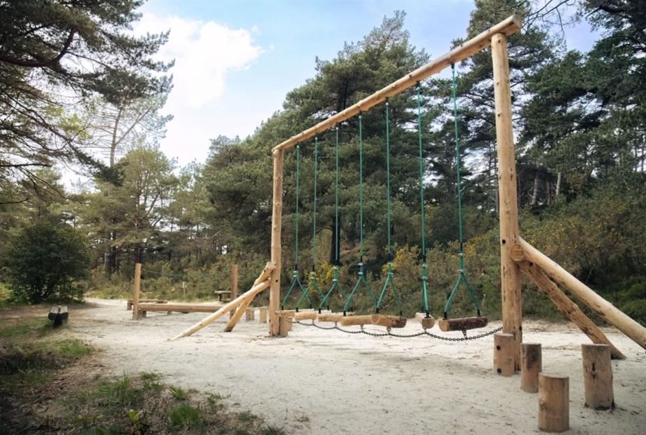 A wooden obstacle course in a sandy clearing of a forest.