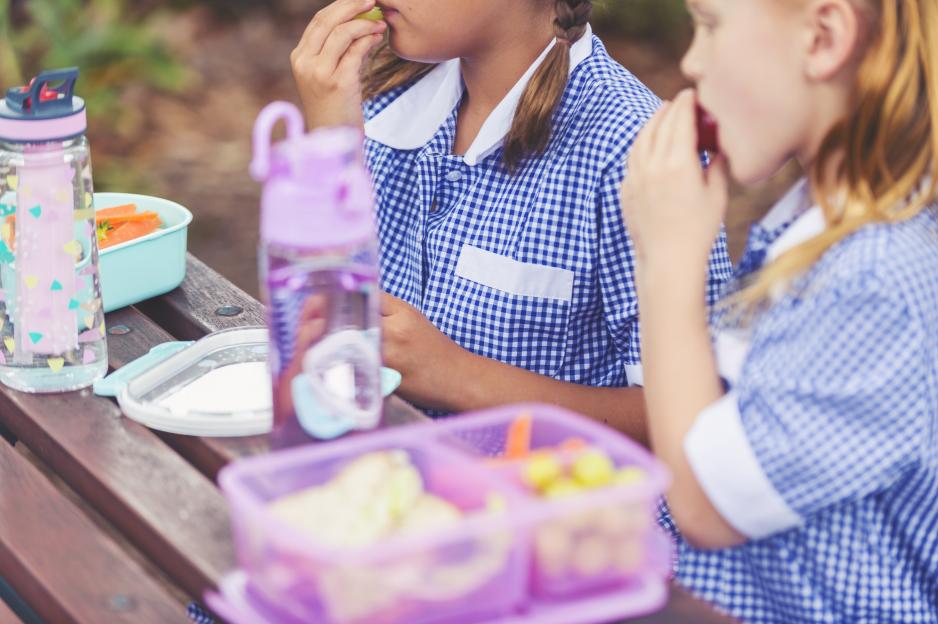 Two schoolgirls in blue and white checkered uniforms eat a healthy lunch of fruit and vegetables from lunch boxes.