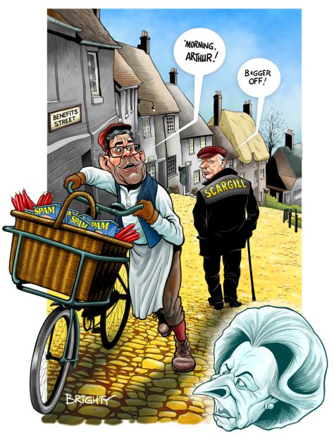 Illustration of a man on a bicycle greeting another man named Scargill, who replies, "B*gger off!" A spectral image of Margaret Thatcher looks on.