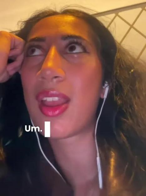 A woman looks up to her right, with the text "Stalker update? Spoiler: it was my parents" and "Um." overlaid.